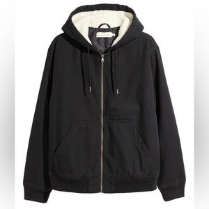 H&M L.O.G.G. Men's Black Full Zip Puffer Coat with Sherpa Lined Hood